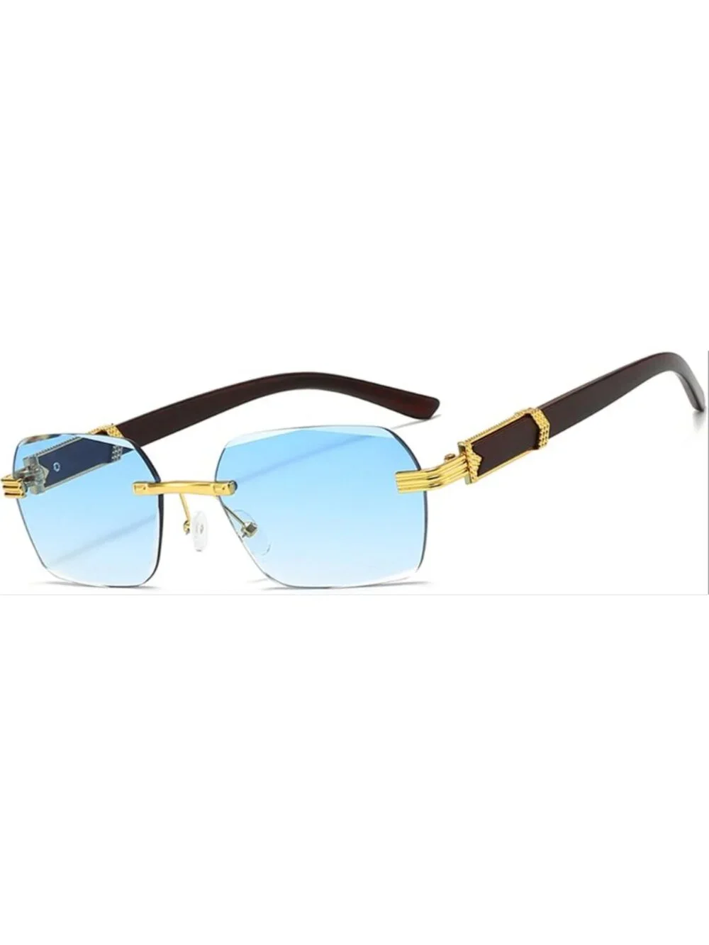 Retro Unisex Rimless Blue Gradient Sunglasses W/ Gold-Tone & Wooden Arms